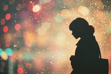 Silhouette of a Woman Standing Against a Background of Defocused Lights