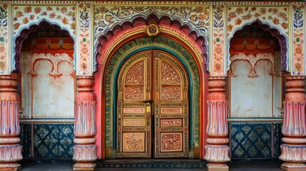 Obraz premium A beautifully painted Indian door with intricate carvings, representing traditional architecture.