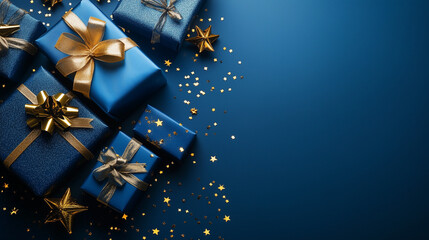 Arrangement of blue and gold presents with stars and confetti on a blue background