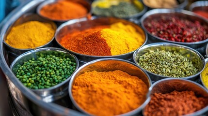 A close-up of a traditional Indian spice box (masala dabba) with compartments filled with vibrant spices.