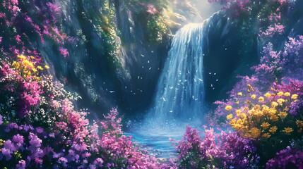 A magical waterfall in a wonderfully fantastic flowering landscape, banner made with generative ai. Waterfall. Illustration