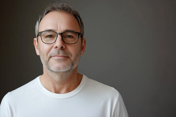 Obraz premium A middle-aged man with glasses looks straight ahead with a slight smile, white t-shirt 