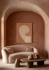 Fototapeta premium Sofa and armchairs near stucco arch wall. Minimalist, japandi interior design of modern living room, Ai