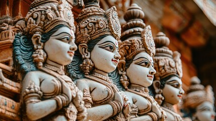 A close-up of the intricately carved stone guardians at the entrance of an Indian temple.