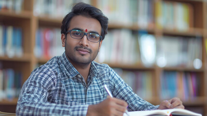 Fototapeta premium young indian college student studying at library