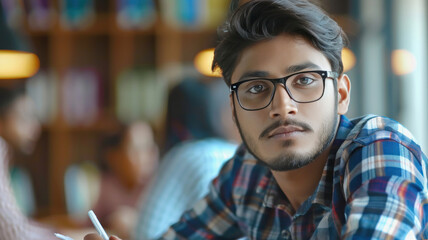 Fototapeta premium young indian college student studying at library