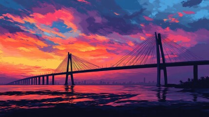 Obraz premium A colorful sunset over the Bandra-Worli Sea Link, with the bridge silhouetted against the sky.