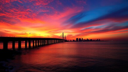 Fototapeta premium A colorful sunset over the Bandra-Worli Sea Link, with the bridge silhouetted against the sky.