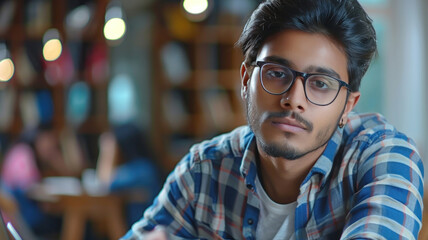 young indian college student studying at library