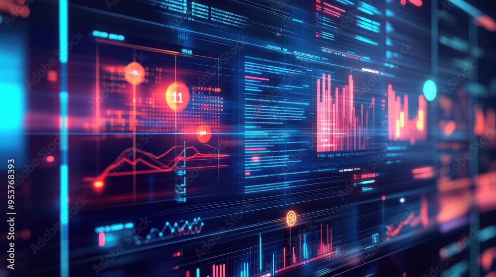 Poster a digital dashboard with various graphs and charts representing business analytics on a high-tech ba