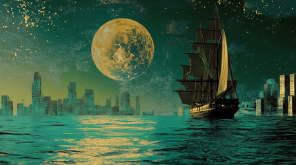 Sailing Ship Under Full Moon with Futuristic City Skyline, Surreal Night Scene