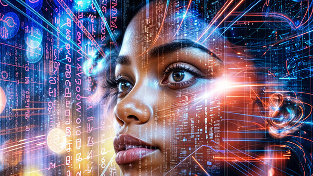 A African woman ai cyber security threat concept, holographic data code, african american female