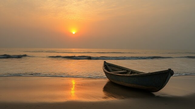 A lone boat anchored near the shore at Versova Beach, with the sun setting over the Arabian Sea.