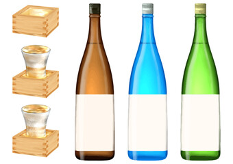 ベクター   日本酒　枡酒   冷酒　日本　和風　アルコール　一升瓶　ボトル