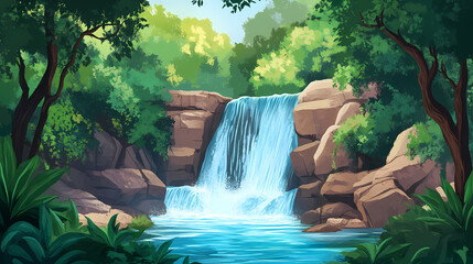 Waterfall in the forest. Waterfall. Illustration