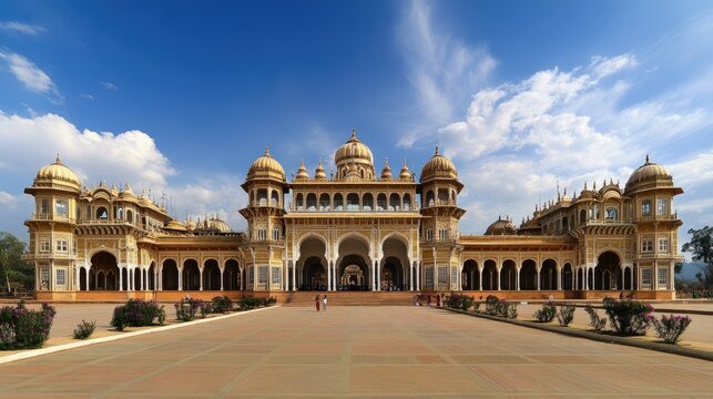 A panoramic view of the majestic Mysore Palace, with its grand arches and domes.