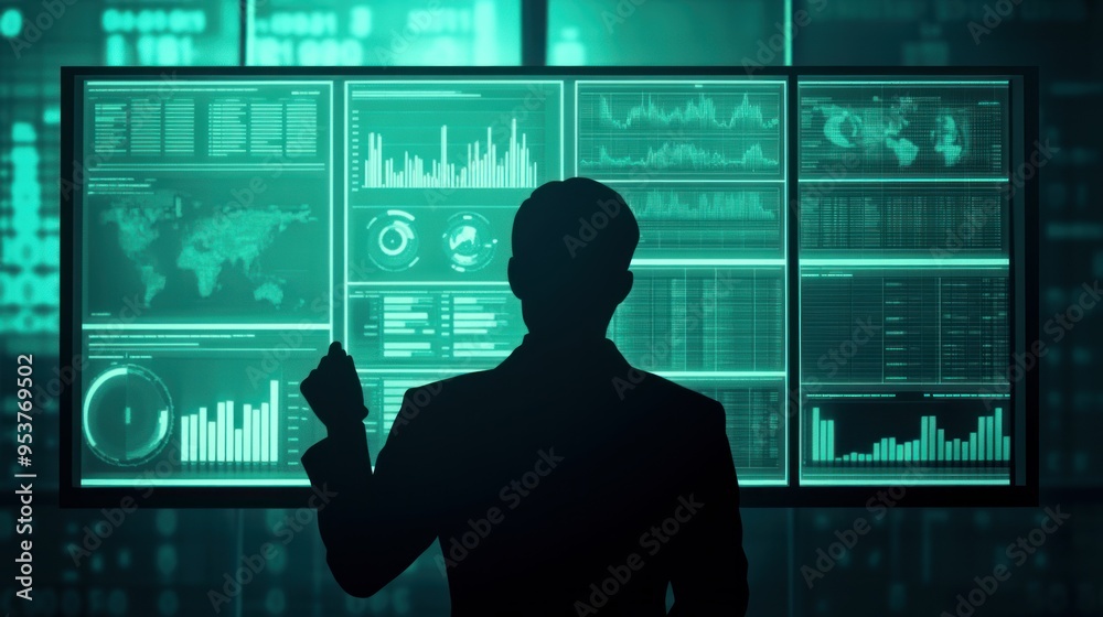 Poster Silhouette of a person standing in front of a large display of data