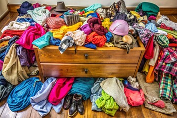 A disorganized heap of vibrant, mixed-texture clothing items, including tops, bottoms, and accessories, overflow from a