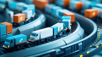 Fototapeta premium A detailed view of miniature train models transporting colorful containers on a circular track, showcasing logistics and transport.
