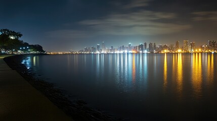 Fototapeta premium A panoramic view of the Necklace (Marine Drive) at night, with city lights reflecting on the water