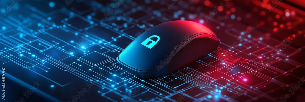 Poster Mouse with a lock icon on a circuit board background representing cybersecurity and secure data access. Concept of digital protection.