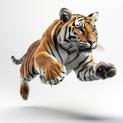 Obraz premium A dynamic tiger leaps through the air, showcasing its strength and agility in a captivating display of wildlife.