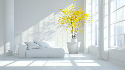 Obraz premium Goldenrod flowers in a sleek interior with pristine white backdrop, showcasing modern elegance.