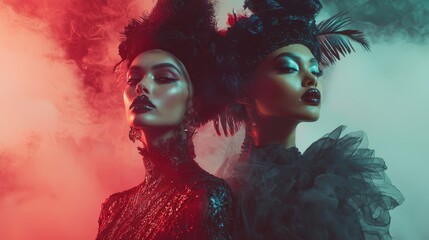 Fototapeta premium A Halloween-themed fashion editorial in a modern studio features models in avant-garde costumes posing against a backdrop of fog and eerie lights their outfits blending high fashion with dark fantasy