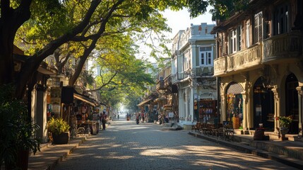 A quiet corner of the Colaba Causeway, lined with shops and colonial-era buildings.