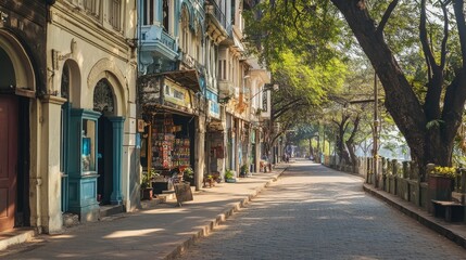 Fototapeta premium A quiet corner of the Colaba Causeway, lined with shops and colonial-era buildings.