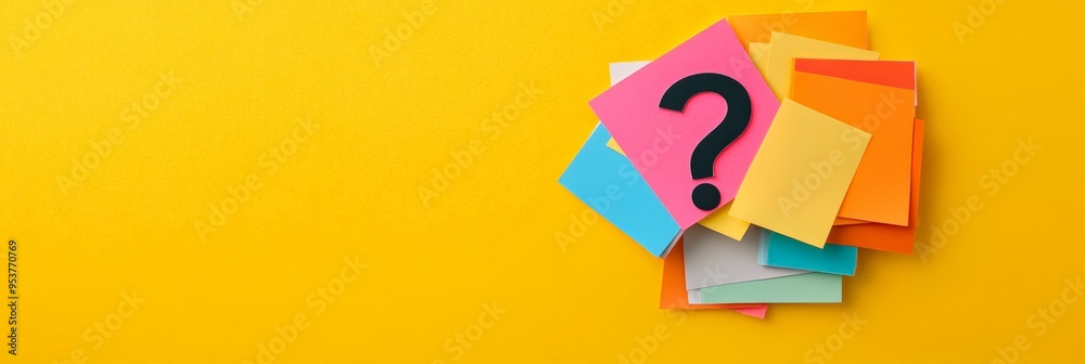 Poster stack of colorful sticky notes with a black question mark on top, placed on a vibrant yellow backgro
