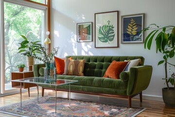  Mid-Century Modern Living Room with Olive Green Velvet Sofa, White Walls, Vintage Glass Coffee Table, Colorful Art, Plants, Decorative Pillows, and Natural Light