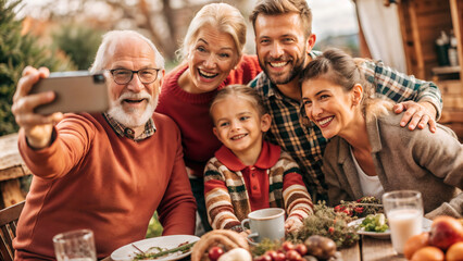 International Day of Older Persons, Happy family taking selfie at outdoor dinner table, joyful celebration, autumn setting