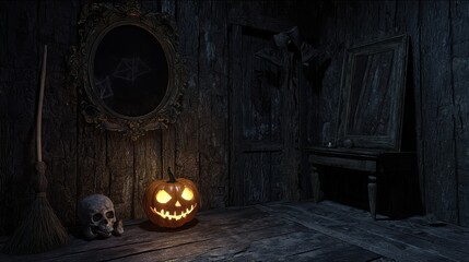A dark, eerie room with a single jack o' lantern casting a flickering glow on a skull, an old mirror, and a broomstick leaning against the wall