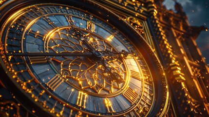 Fototapeta premium Close-up of a realistic Big Ben clock face, capturing the intricate details of the clock hands, Roman numerals, and the golden glow of the sun.