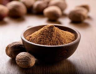 nutmeg powder and seeds in wooden bowl on table