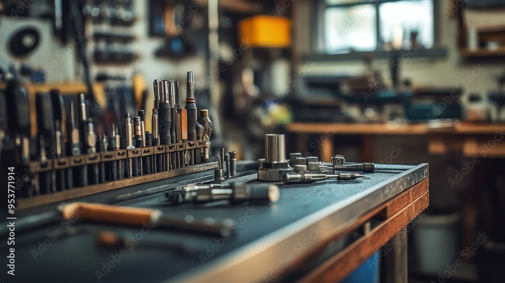 Poster assorted tools and metal parts on a workshop table