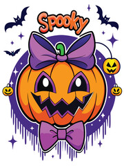Vibrant and Spooky Halloween Design with Grinning Jack-o'-Lantern Wearing a Purple Bow, Surrounded by Bats, Dripping Letters, and Twinkling Stars in Orange and Purple, Isolated with No Background