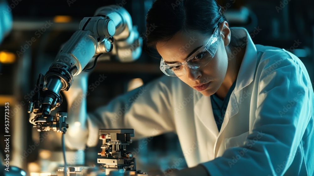Poster Female Engineer Working with a Robotic Arm in a Factory Setting