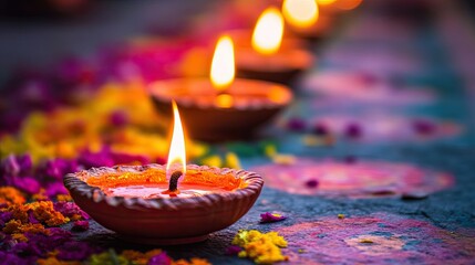 A traditional Indian diya lamp, lit and placed in a row during Diwali, with colorful rangoli in the background.