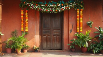 A traditional Indian house entrance with a toran (decorative garland) hanging above the door.