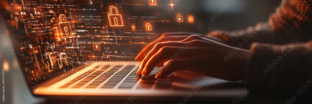 Poster Hands typing on a laptop with holographic lock icons representing cybersecurity. Secure login and encryption visualization for online protection.