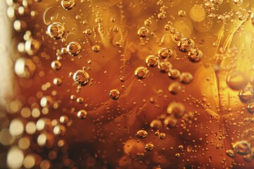 Close up lager beer bubbles and froth in glass texture.