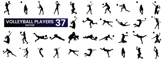 Set of 37 female volleyball athletes silhouettes with different poses, and movements. Vector illustration.