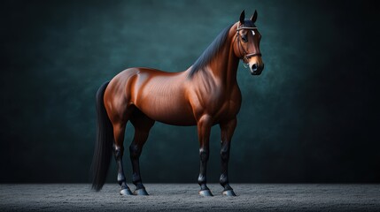 Obraz premium A stunning brown horse stands gracefully against a dark backdrop, showcasing its beauty and strength in a detailed portrait.
