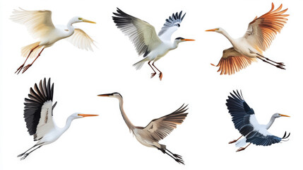 Obraz premium A stunning collection of graceful birds in flight, showcasing beautiful feathers and vibrant colors against a white background.