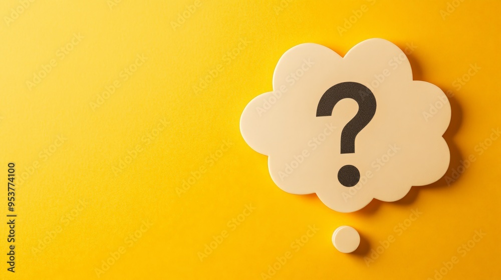 Poster thought bubble with a question mark on a yellow background. concept of inquiry, curiosity, and brain