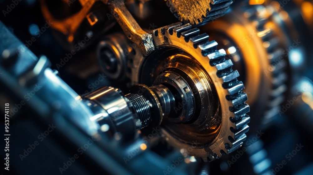 Poster Close-up of Interlocking Gears in a Mechanical System