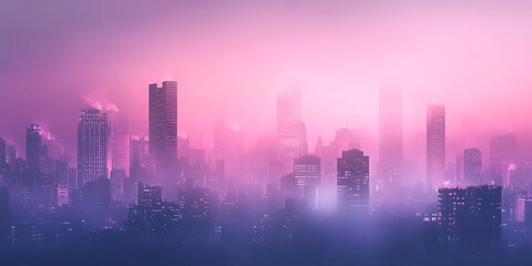 Fototapeta premium A city skyline partially obscured by thick fog, with buildings looming ghostly in the background