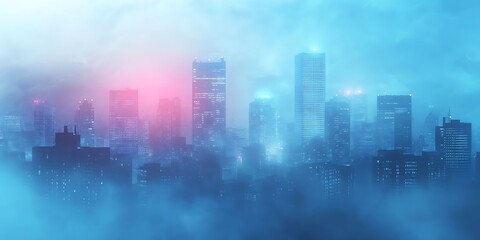 Fototapeta premium A city skyline partially obscured by thick fog, with buildings looming ghostly in the background